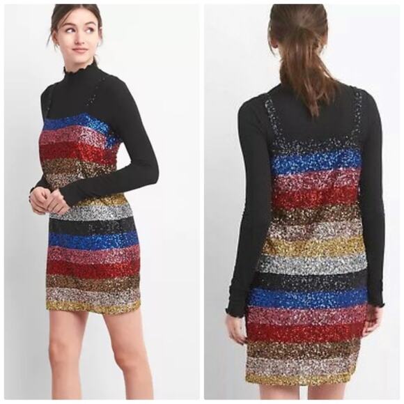 Gap Crazy Stripe Sleeveless Rainbow Sequin Dress Size Small - Picture 2 of 6